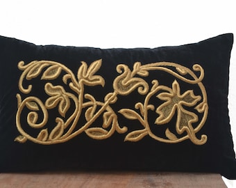Almohada con bordado de pergamino, funda de almohada con bordado francés, funda de almohada de terciopelo, almohada negra y dorada, almohada lumbar, almohada bordada a mano