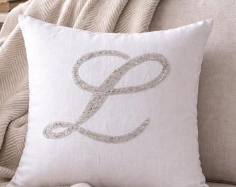 Personalized Monogram Pillow | Custom Embroidered White Pillow Cover | Personalized Wedding Gift - Baby Shower Gift, Initial Cushion