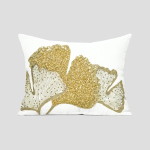 Ginkgo Leaf Embellished Decorative Pillow Cover, Ginkgo Leaf Lumbar Throw Pillow Cover, Ivory Gold Beaded Ginkgo Cushion Cover, Fall Decor