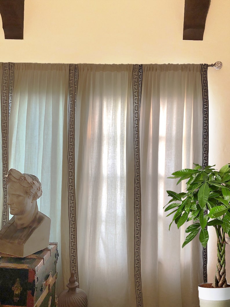 Custom Curtains Linen Curtain Embroidered Greek Key Curtain Etsy