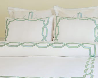 Embroidered Fretwork Duvet Cover Set, 400TC Cotton Blend Duvet Cover Set, Trellis Embroidery Bedding, White Embroidered Duvet Cover