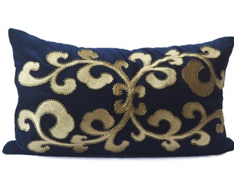 Navy Velvet Throw Pillow Cover, Navy Gold Pillow Cover, Handmade Pillow Cover, Navy Velvet Lumbar Pillow Case, Korean Throw Pillow