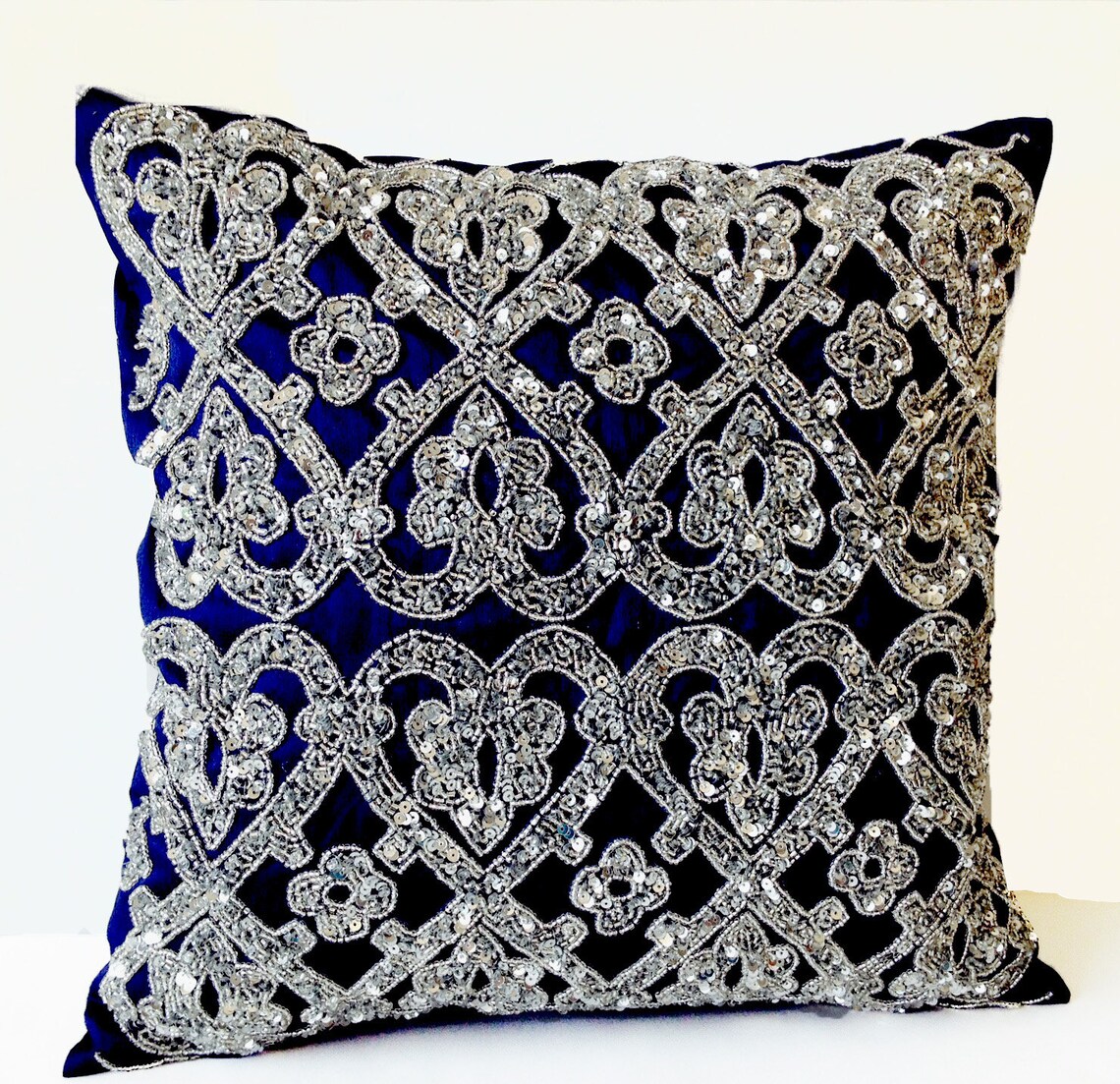 Sequin Navy Blue Throw Pillow Silver Bead Pillow Decorative | Etsy