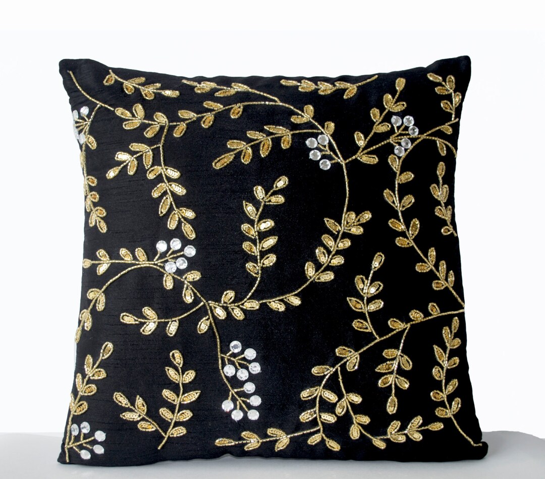 Black Couch Pillows, Gold Pillow Covers, Leaf Pillow Covers, Gold Sequin Pillow, Decorative