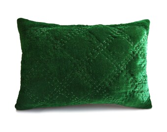 Velvet Pillow Cover, Green Velvet Pillow, Emerald Green Pillow, Quilted Pillow, Pick Stitch Pillow