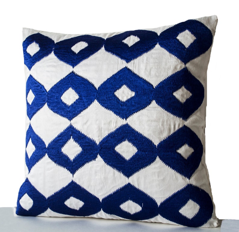 Royal Blue Pillows White Silk Blue Pillow Ikat Pillow Etsy