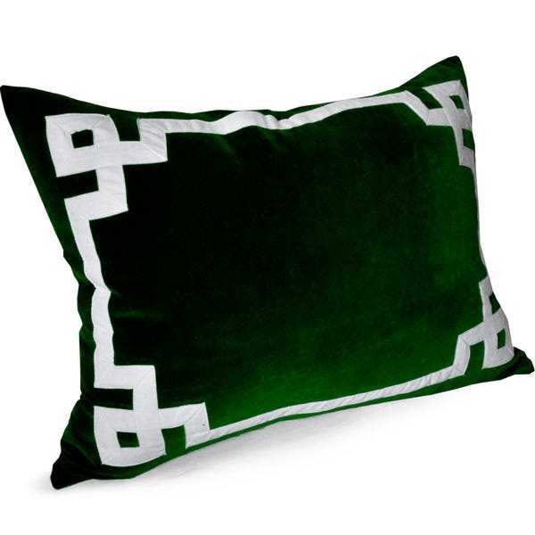 Emerald Green Velvet Pillow, Throw Pillow Cover, Greek Key Trim Applique Pillow, Emerald White Pillow,