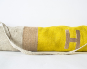 Monogram Yoga Bags, Burlap Yoga Bag, Color Block, yoga mat bag, Yoga Sling, Yellow and Ivory Yoga Bags, Yoga Backpack