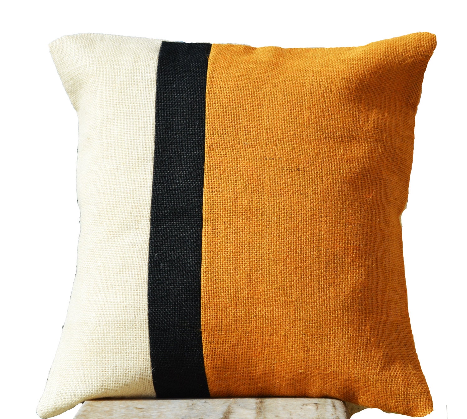 Mustard Yellow Throw Pillow Cover Burlap Color Block Cushion Etsy