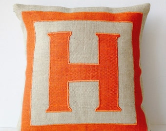 Personalized Monogram Throw Burlap Pillows, Orange Burlap Monogram Cushion, Decorative Pillows, Initial Pillow, Personalized Dorm Pillow