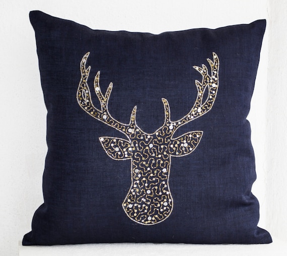 Christmas Pillow Navy Pillow Stag Embroidered Gold Silver Sequin Linen Pillows Navy Blue Pillows Navy Deer Pillow Etsy
