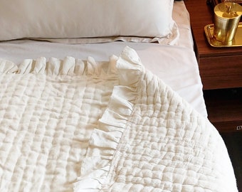 Ivory Linen Quilt With Ruffles And Cotton Batting, All Season Linen Coverlet, Quilted Blanket, Linen bed cover, Queen bedspread King Bedding