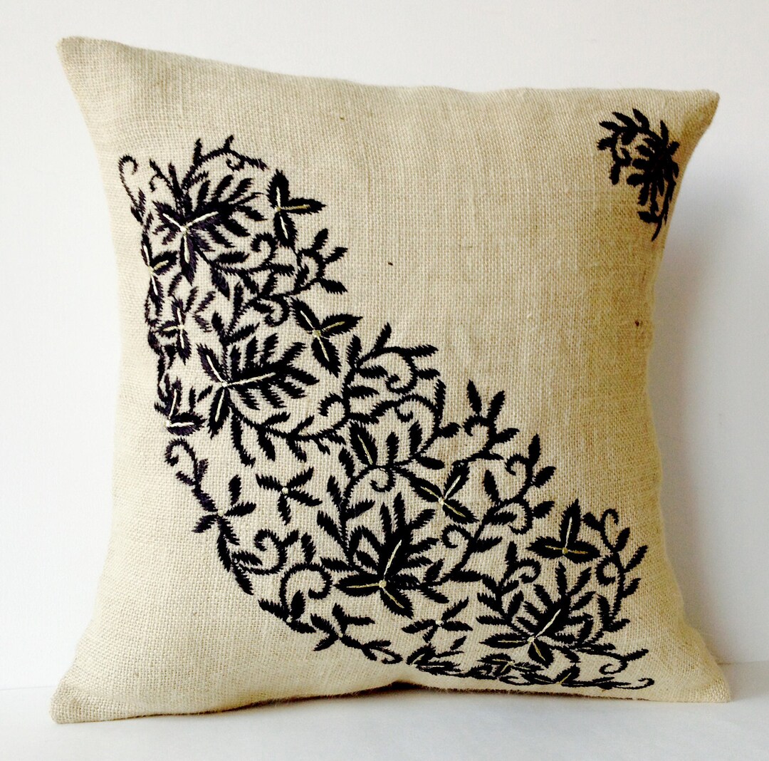 Ivory Burlap Throw Pillows Embroidered Pillow Covers Black Etsy