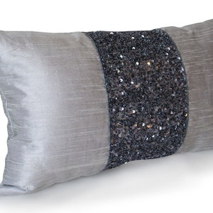 Grey beaded Lumbar Pillows, Grey Silk Metallic Pillow cover, Sparkle Pillow, Gray Embroidered Pillow, Multiple Sizes
