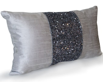Grey beaded Lumbar Pillows, Grey Silk Metallic Pillow cover, Sparkle Pillow, Gray Embroidered Pillow, Multiple Sizes