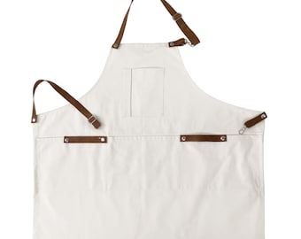 Apron for Cooking, Apron With Removable Leather Straps, Washable Cotton Apron, Unisex Apron, Available in Multiple Colors, Bartender Apron