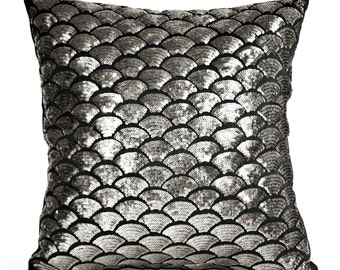 Gunmetal Sequin Pillow Cover Embroidered Waves, Sashiko Pillow Case, Grey Black Cushion, Throw Pillow, Accent Pillow, Toss Pillow Multi Size