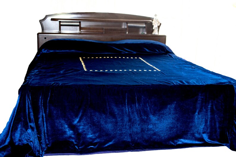 Velvet Bedspread Navy Bedcover Gold Sequin Embroidery Image 0