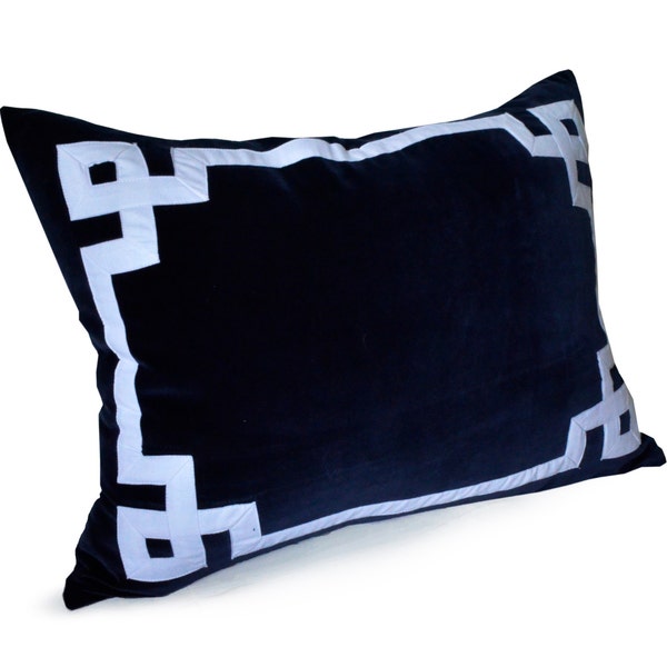 Navy Blue Throw Pillow, Greek Key Velvet Throw Pillow, Lumbar Throw Pillow With Trim, Midnight Blue Euro Sham, Velvet Greek Key Shams