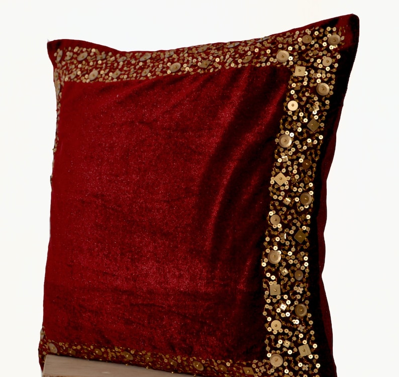 Velvet Throw Pillow Cover Maroon Velvet Cushion With Gold Etsy