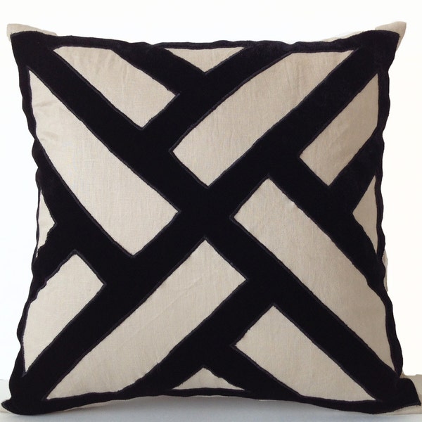 Bamboo Chinoiserie Throw Pillow Cover, Grey Linen Black Pillow, Velvet Pillow Cover, Geometric Pillows, Geometric Pillow, Gray Pillow Cover