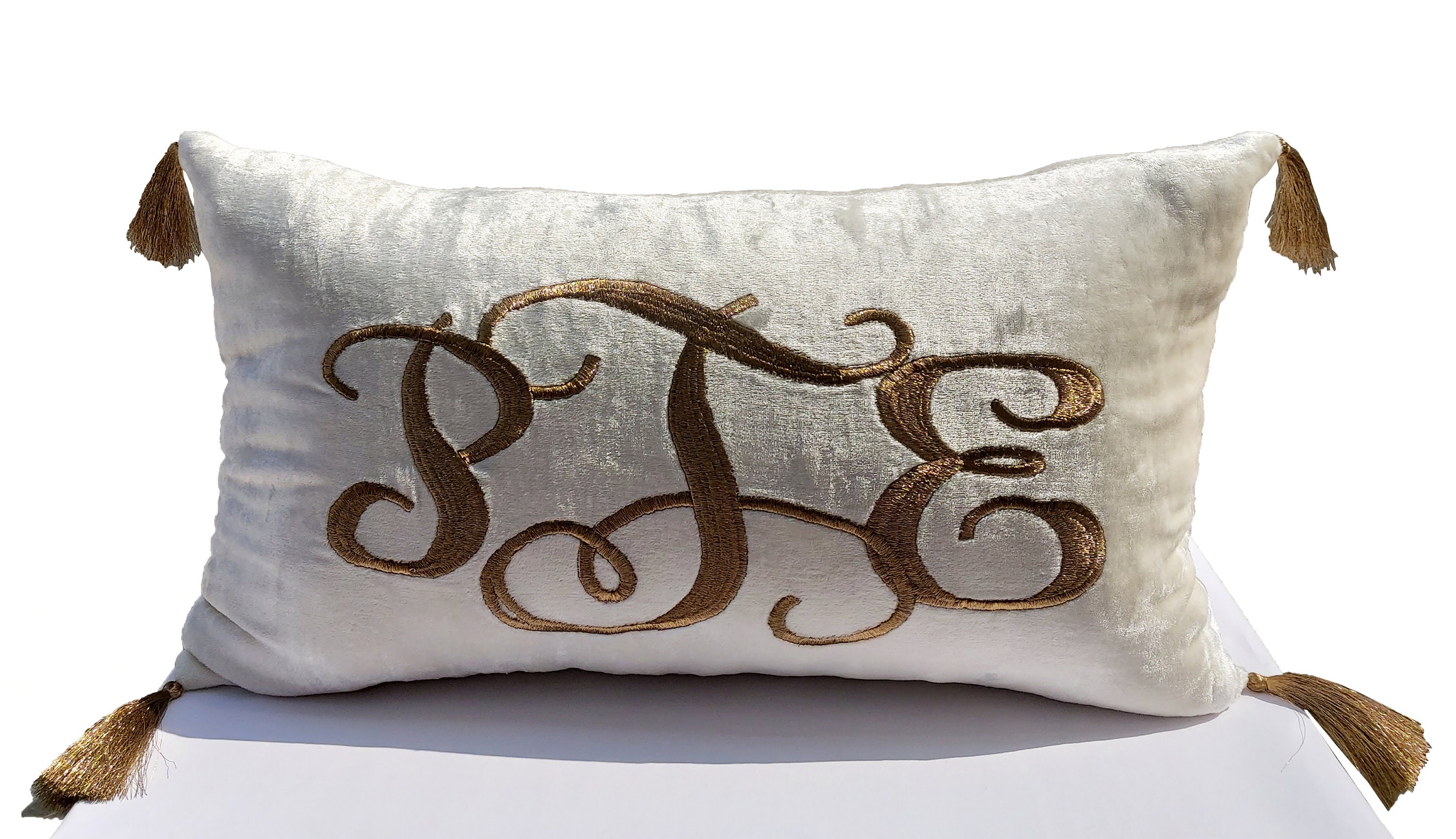 Monogram Gray Velvet Pillow Cover, Monogram Pillow With Tassels