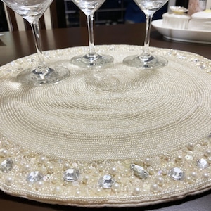 Ivory Beaded Placemats, Off White Crystal Placemat Set, Hand Embellished Placemat, Placemats for Dining Table, White Placemats, Wedding Gift