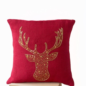 Christmas Pillow Covers, Red Burlap Pillow, Xmas Deer Pillow, Red Gold Sequined Christmas Pillow, Merry Christmas, Embroidered Stag Pillow