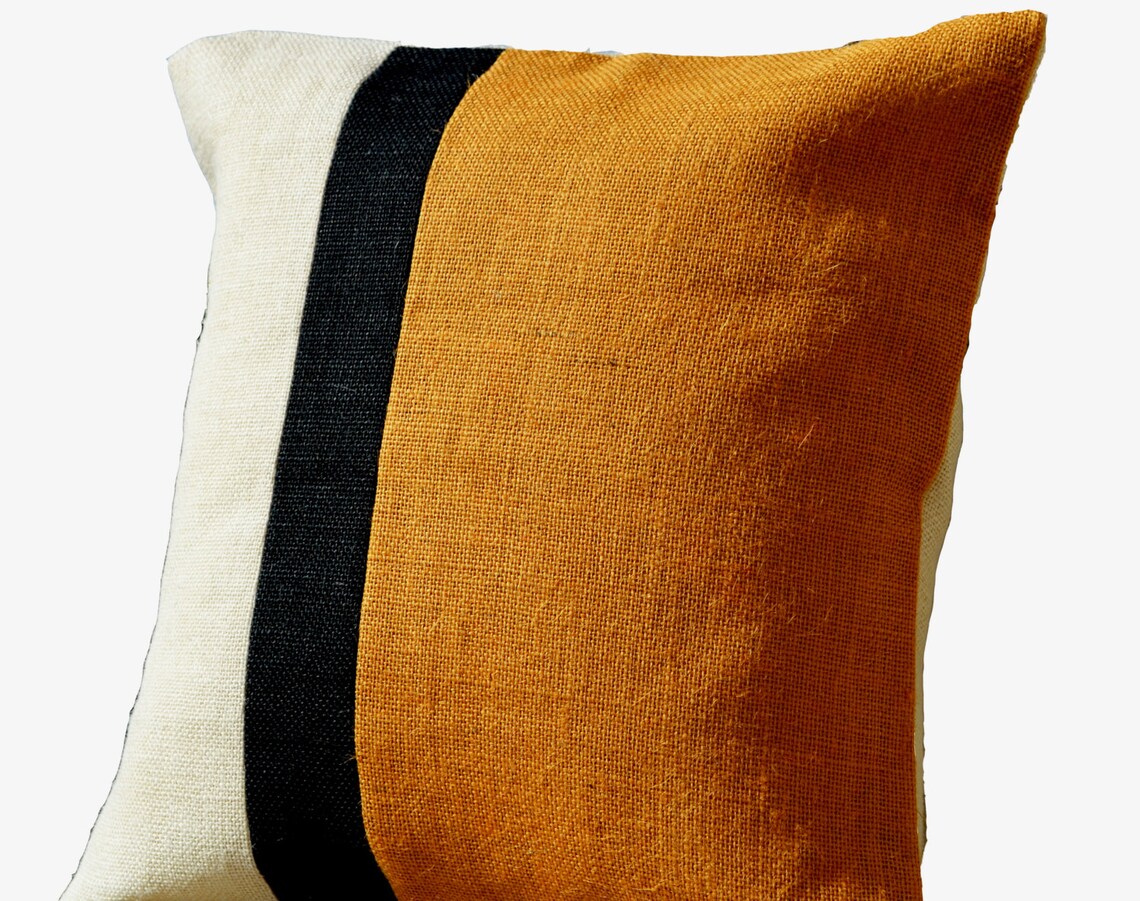 Mustard Yellow Throw Pillow Cover Burlap Color Block Cushion Etsy