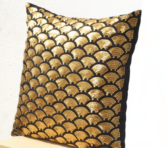 Gold Pillows Embroidered Waves Pillow Sequin Pillow Black Etsy
