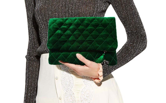 Emerald Velvet Evening Envelop Clutch Bag With Wristlet 