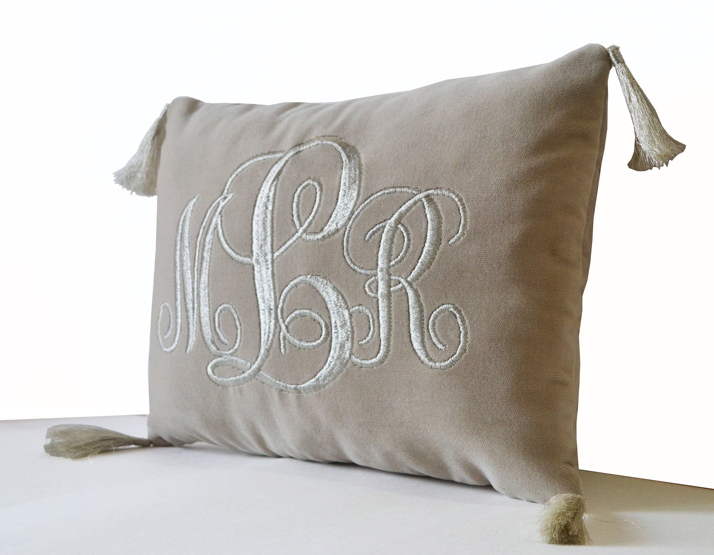 Monogram Gray Velvet Pillow Cover, Monogram Pillow With Tassels