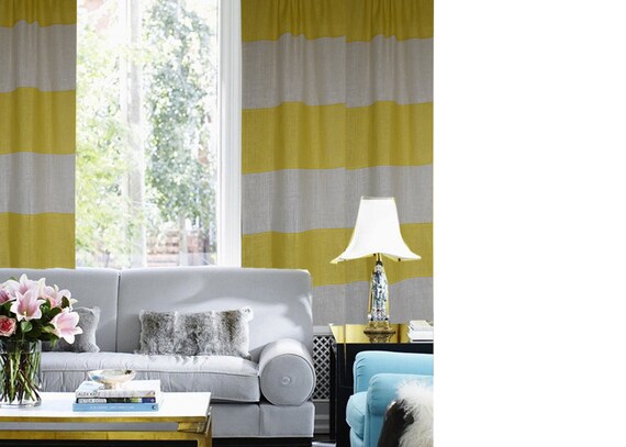 Burlap Curtains Drapes Yellow Ivory Color Block Dorm Etsy