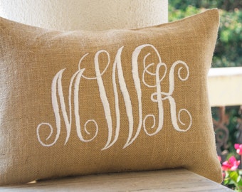 Burlap Monogram Pillows Cover, Custom Lumbar Monogram Pillow, Cursive Three Letters Monogram Pillows, Initial Cushion, Gift, Wedding Pillow