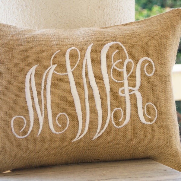 Burlap Monogram Pillows Cover, Custom Lumbar Monogram Pillow, Cursive Three Letters Monogram Pillows, Initial Cushion, Gift, Wedding Pillow