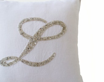 Sequin Personalized Pillow, Monogram Sequin Throw Pillow, Customized Pillow, Silver Sequin Pillows, White Linen Pillow Cover Cursive Initial