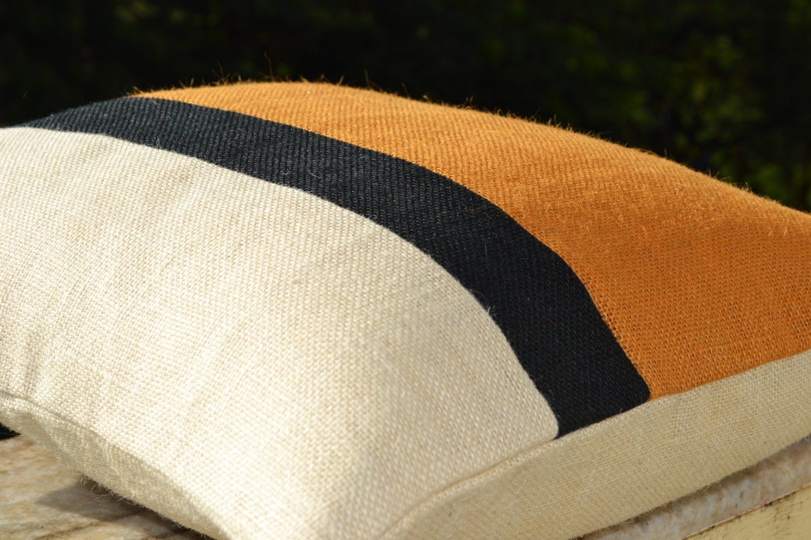 Mustard Yellow Throw Pillow Cover Burlap Color Block Cushion Etsy