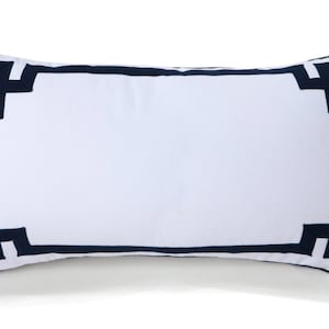 Throw Pillow Cover, White Dorm Pillow, Dorm Décor, Dutch Euro Sham, Navy Blue Greek Key Trim Applique Pillow, Navy White Pillow