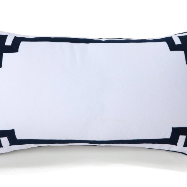 Throw Pillow Cover, White Dorm Pillow, Dorm Décor, Dutch Euro Sham, Navy Blue Greek Key Trim Applique Pillow, Navy White Pillow