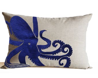 Federa a forma di polpo blu, decorazione nautica, federa per cuscino con animali marini, cuscino nautico, federa per cuscino con motivo marino, federa per cuscino con polpo grande