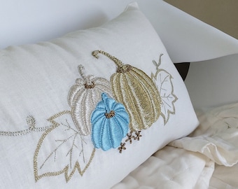 Blue Pumpkin Pillow Cover, Heirloom Pumpkin Pillow Cover, Linen Pillow, Fall Decor, Gold Silver Pillow Case, Gift for mom Gift for sister