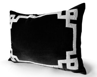 Black Velvet Pillow, Black White Trellis Throw Pillow Cover, Greek Key Trim Applique Pillow, Velvet, Black White Pillow, Housewarming Gift