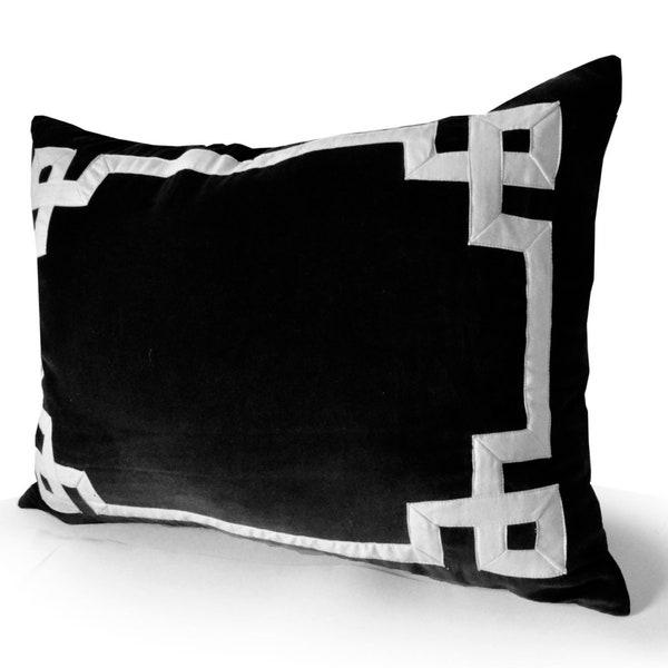 Black Velvet Pillow, Black White Trellis Throw Pillow Cover, Greek Key Trim Applique Pillow, Velvet, Black White Pillow, Housewarming Gift