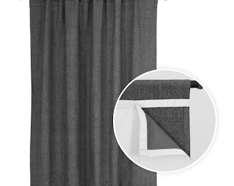 May include: A dark gray curtain with a textured fabric finish hangs from a black rod. An inset circular detail shows the curtain's construction, featuring a white lining attached to the gray fabric with white snap buttons along the edge.