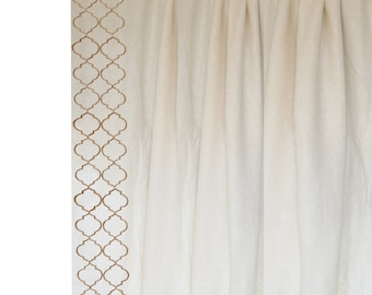 Ivory Linen Curtains With Trellis Embroidery, Custom Made Curtains, Fretwork Door Curtain, Available in Multiple Sizes and Colors