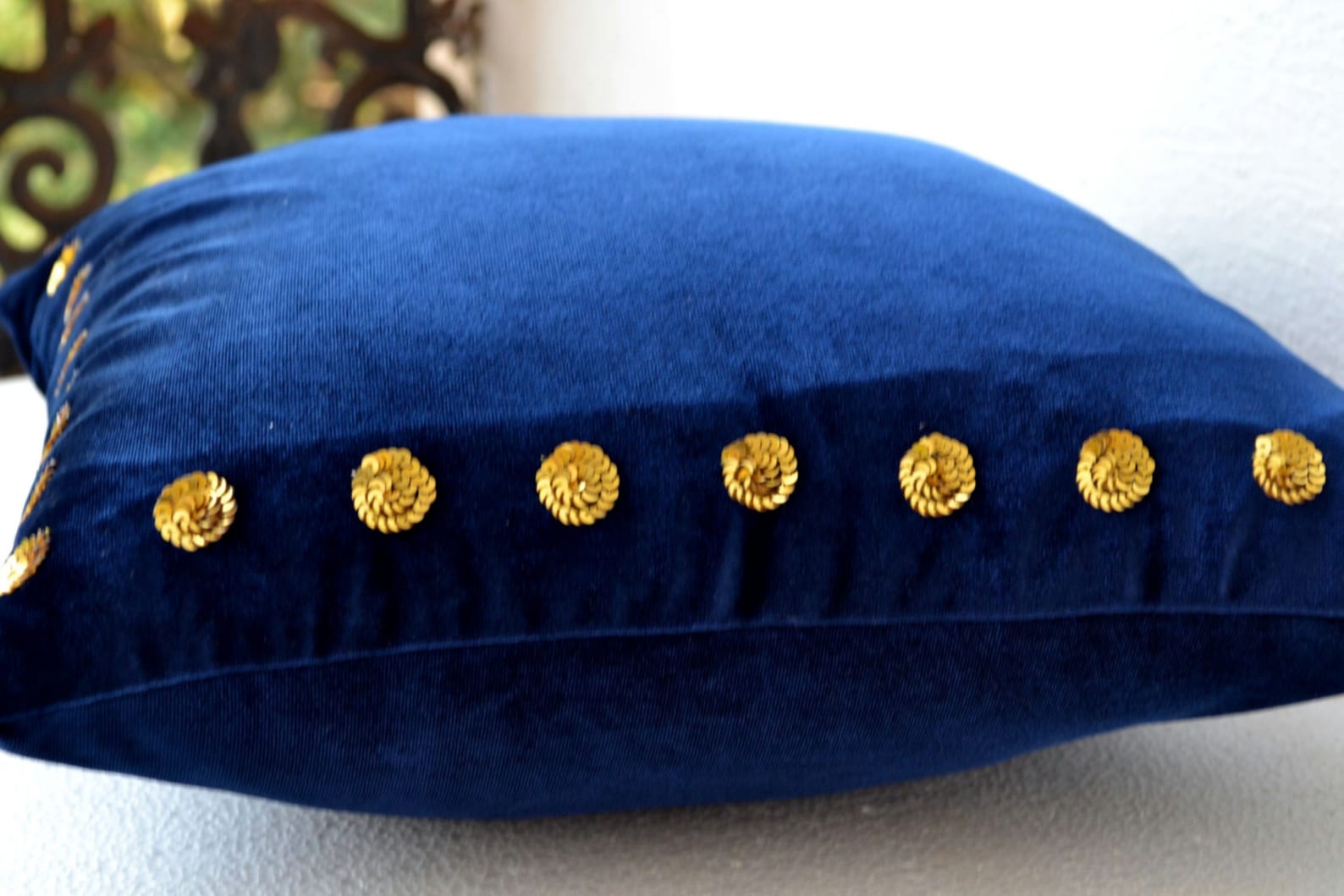 Navy Velvet Pillow Gold Accent Pillow Gold Sequin Pillow Etsy