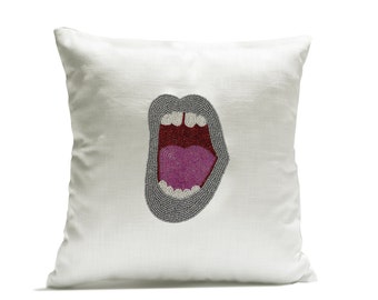 Pop art pillow, Halloween Pillow, Gray lips pillow, Pop art cushion, linen pillow, Green lips pillow, birthday gift, modern pillows