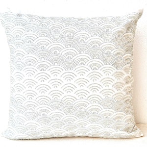 Silver White Pillow Cover with Silver Beads and Thread Embroidery, Ivory Pillows Inspired by Japanese Design, Available in Multiple Sizes