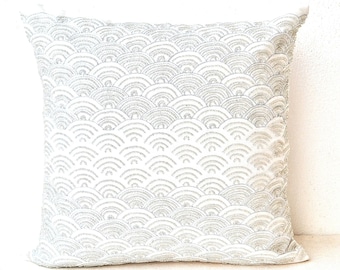 Silver White Pillow Cover with Silver Beads and Thread Embroidery, Ivory Pillows Inspired by Japanese Design, Available in Multiple Sizes