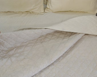 Flax Linen Diamond Quilt, Linen Coverlet, Queen Quilt, Cotton Batting Blanket, All Size Quilt, Pick Stitch Quilt, Linen Coverlet